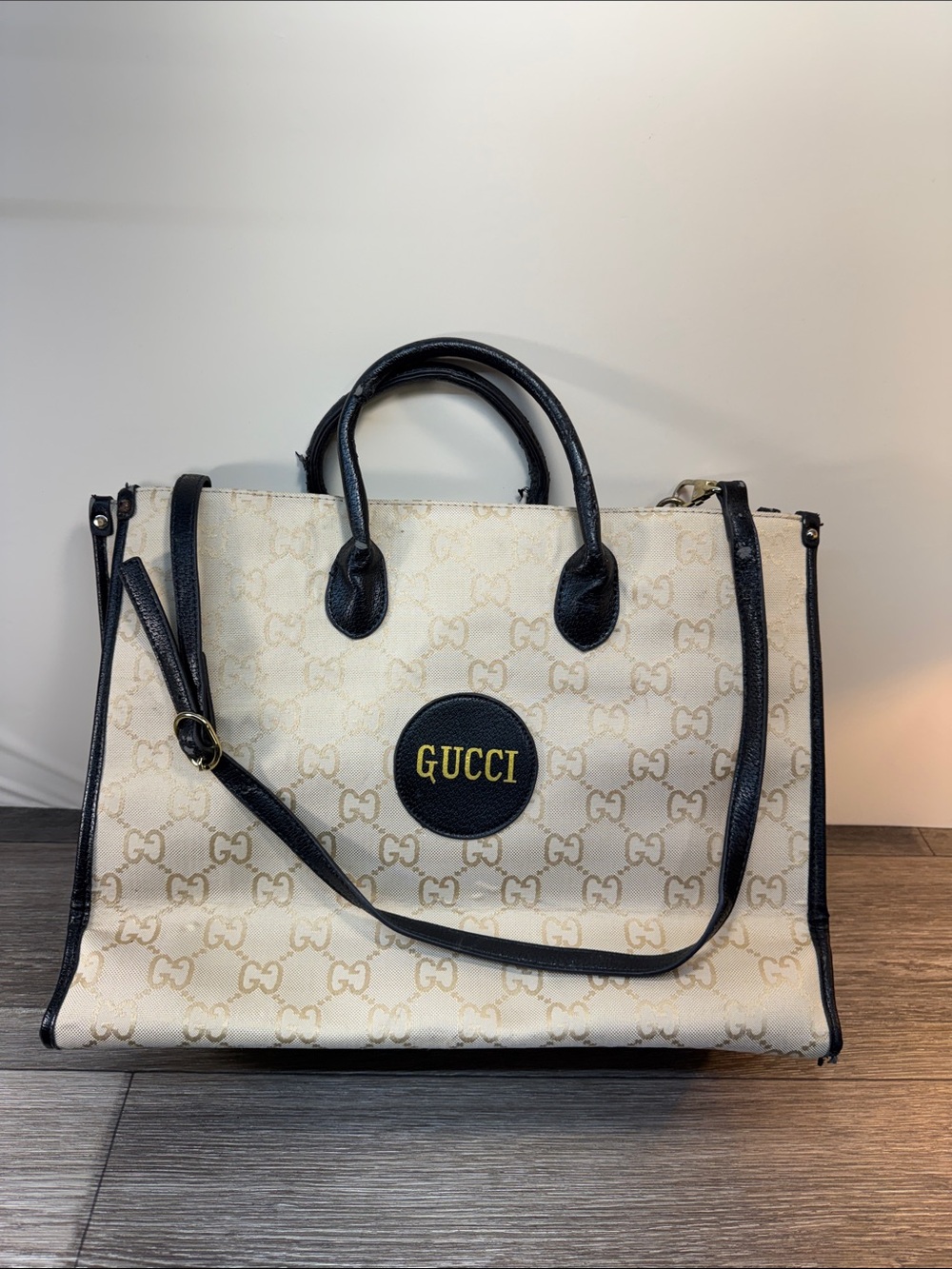 Cream GG Canvas Tote with Black Leather Trim and Gold Logo